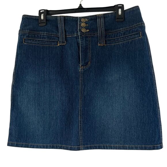 Zoey Beth Denim Mini Skirt Y2K‎ Low Rise Dark Wash Pockets Women's L Stretch - Picture 1 of 9